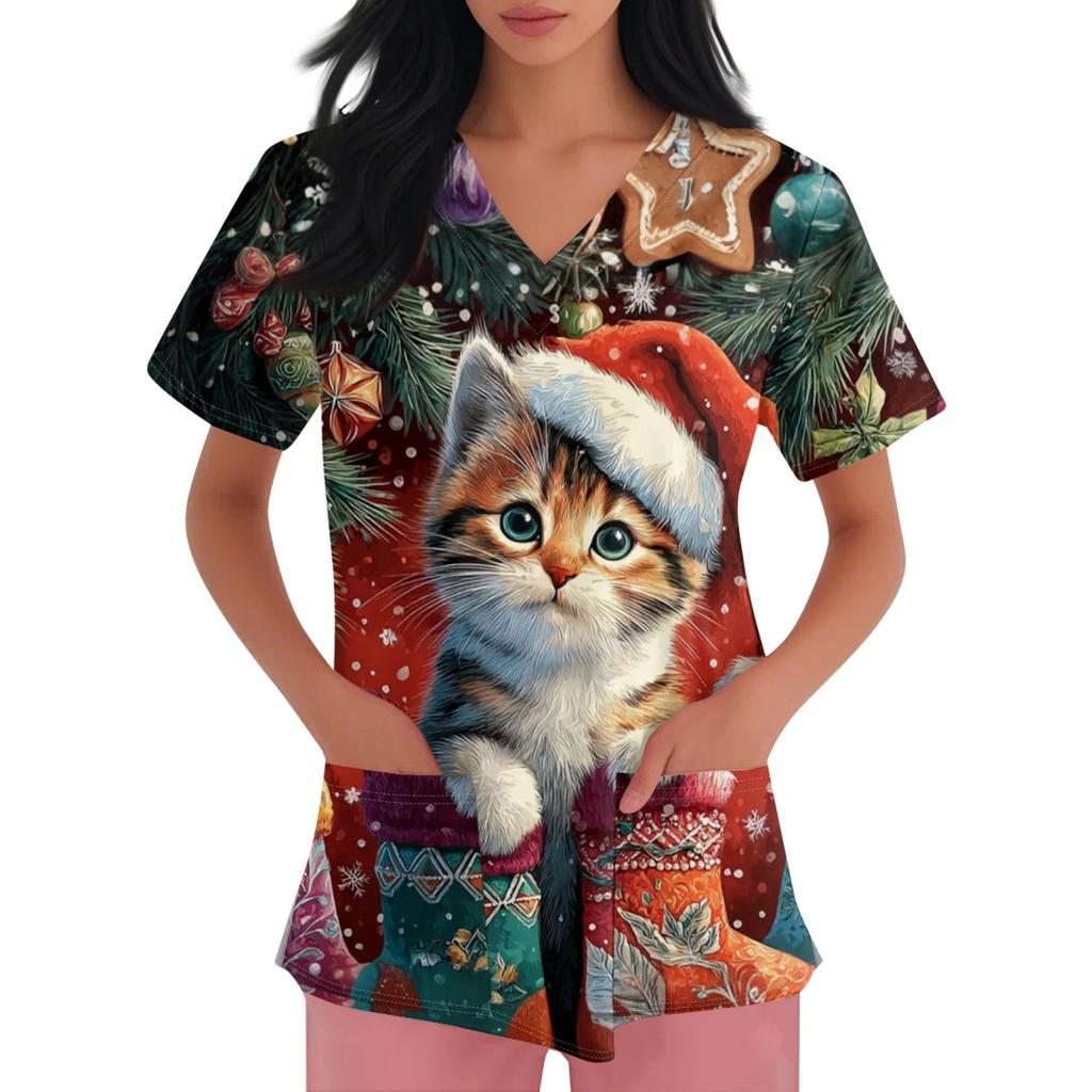 Clinical Uniform Women Gingerbread Santa Claus Print Christmas V-Neck Scrubs Women Fashion Short Sleeve Surgical Uniforms Top's