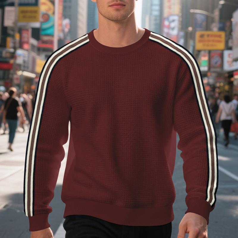 Loose Thin Seven Stripes Mens Waffle Crew Neck Casual Sports Breathable Sweatshirt
