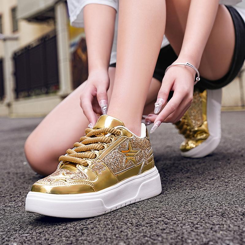 Men Sparkling Shoes Couple Lightweight Sneakers Red Gold Women’s Low Sneakers Casual School Student Plus Size