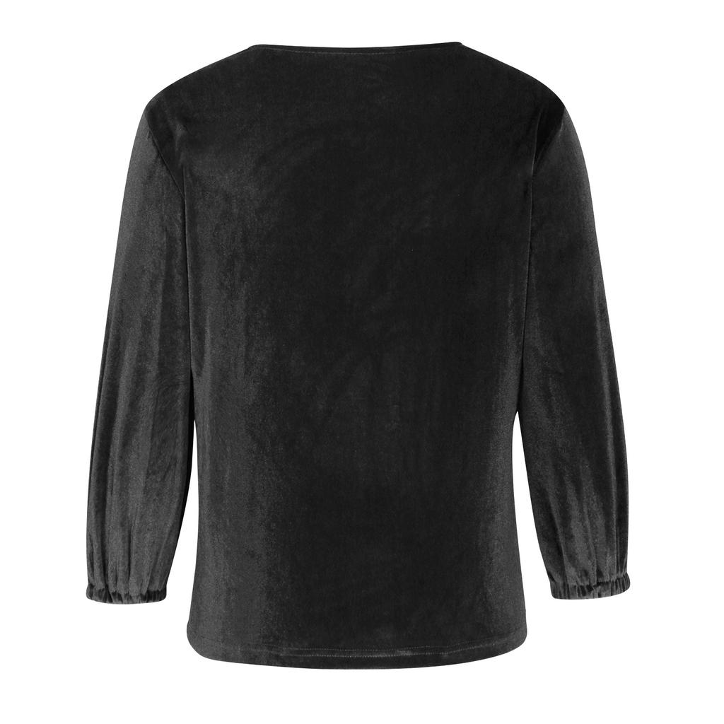 Damska Modna Koszula z Kolnierzem ze Sztucznego Futra w Kolorze, Plisowana, z Rękawami 3/4, Luźna, Złoty Aksamitny Sweter