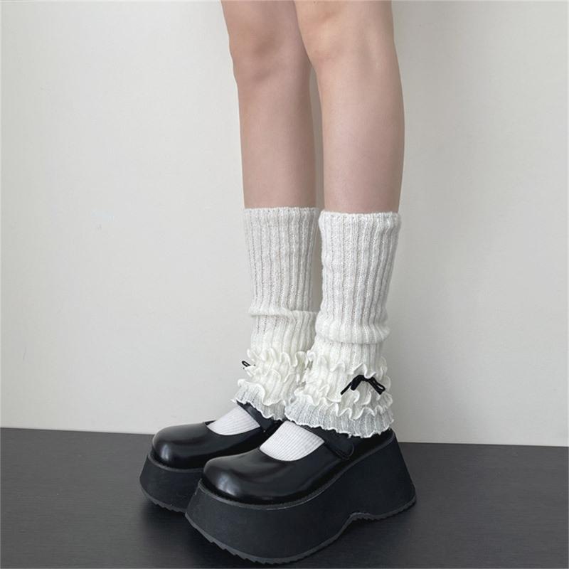 Ribbed Knit Boot Cuffs Footless Socks with Elegant Bows Designs for Women Layered Ruffle Edge Leg Warmers Streetwear