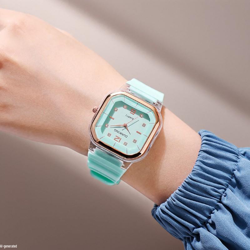 Spring/Summer Women's Square Silicone Watch - Trendy Student Style with Diamond Accents