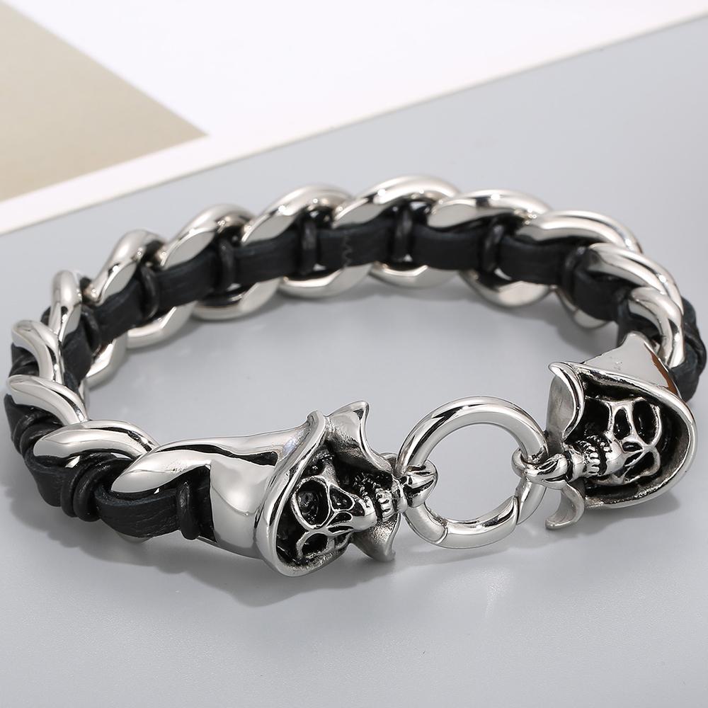Pulsera Punk de Cuero Trenzado Lobo para Hombre Pulseras con Encanto de Mano para Hombre con Forma de Cabezas de Cráneo de Dragón Joyería de Acero Inoxidable de Lujo Gótico