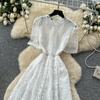 Abito Midi Elegante da Donna con Ricami in Pizzo, Manica Corta, Vita Alta, Linea ad A, Estivo, Casual, da Festa, per Matrimonio, da Vacanza, da Spiaggia