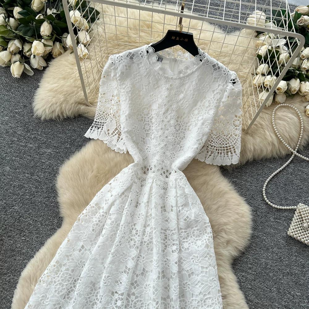 Abito Midi Elegante da Donna con Ricami in Pizzo, Manica Corta, Vita Alta, Linea ad A, Estivo, Casual, da Festa, per Matrimonio, da Vacanza, da Spiaggia