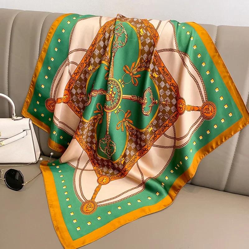 Luxury Brand Silk Square Plaid Scarf Women Satin Neck Hair Tie Band Soft Work Neckerchife NEW Hijab Head Female Foulard