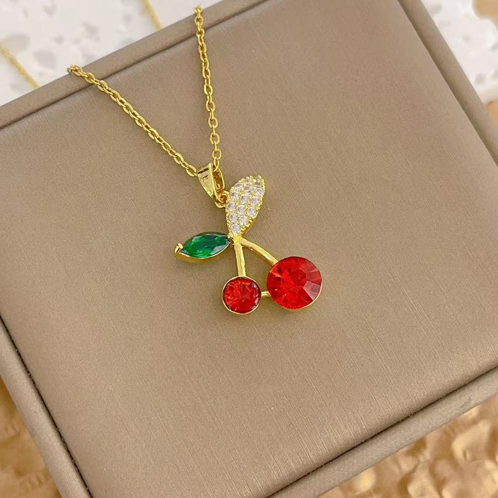Colorful Zircon Cherry Pendant Necklaces For Women And Girls Stainless Steel Fashion Romantic Jewelry Accessories Gifts