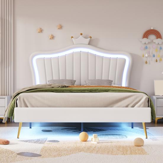 Bedroom Bed Upholstered Frame with Adjustable Headboard Height Double 4 Automatic Switching Mode Apartment Furniture LED Light Strip Higher