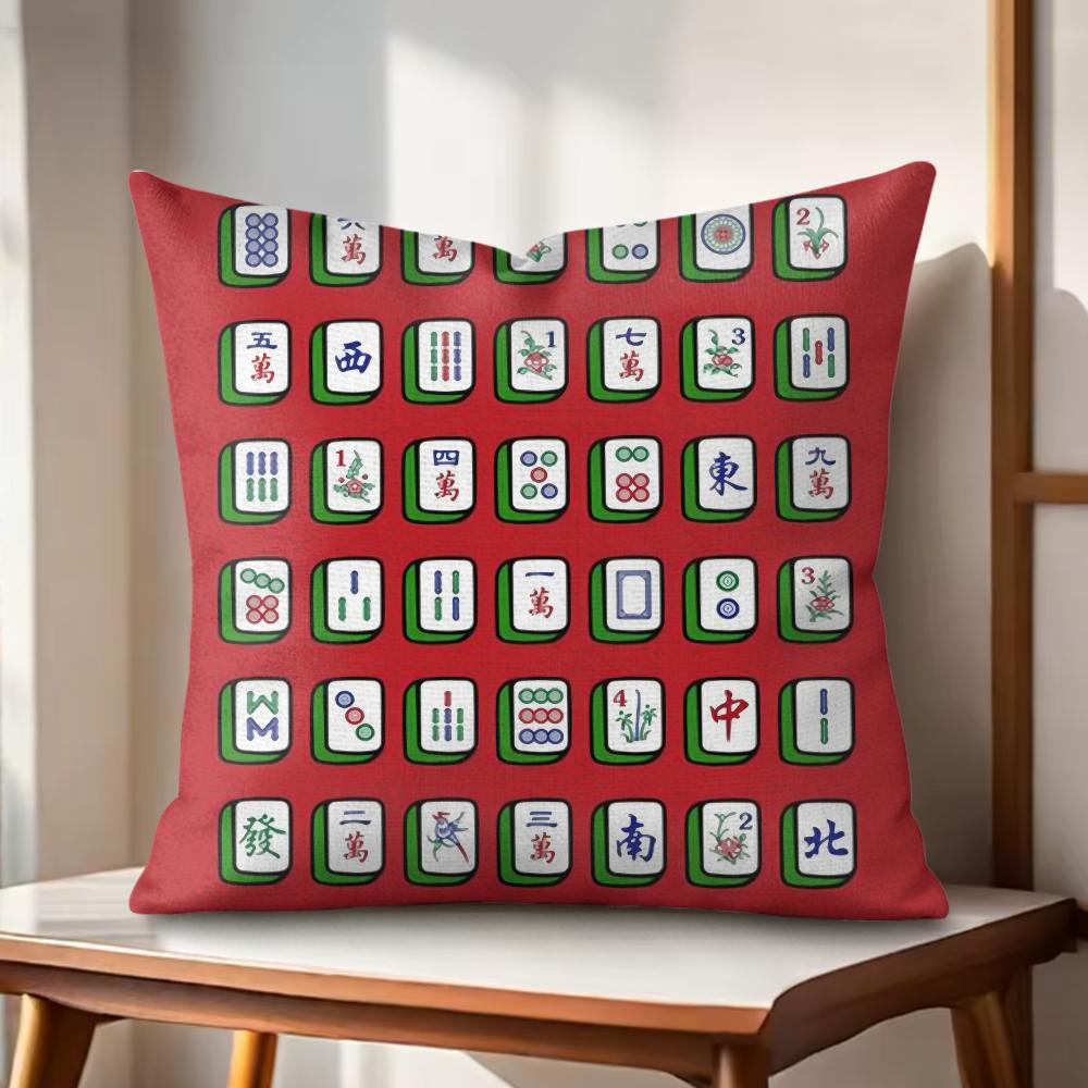 Fun Mahjong Cushion Cover Natural Linen Organic Fabric DoubleSided Printing Couch Pillow Covers Home Decor