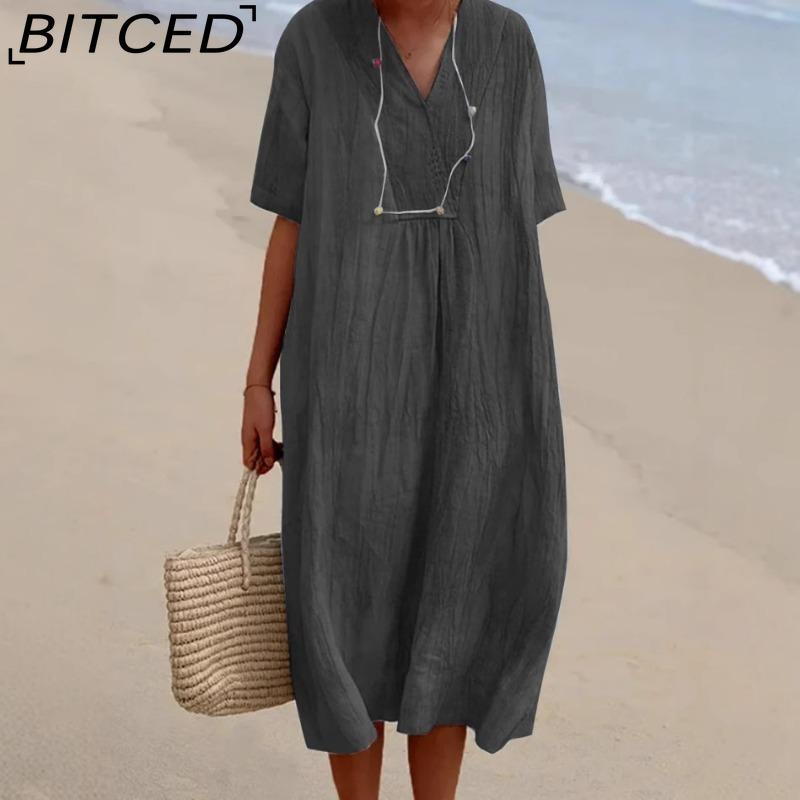 BITCED Women's Fashion Summer Spring Solid Color Print Short Sleeve V-Neck High Waist Casual Dresses