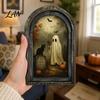 Decorative Halloween Desktop Accents Arched Wooden Wall Hanging Plaque, Double-Layer Distressed Ghost Cat Ornament, Rustic Tabletop Signs Gothic