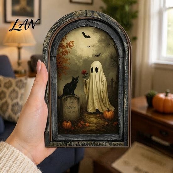 Decorative Halloween Desktop Accents Arched Wooden Wall Hanging Plaque, Double-Layer Distressed Ghost Cat Ornament, Rustic Tabletop Signs Gothic