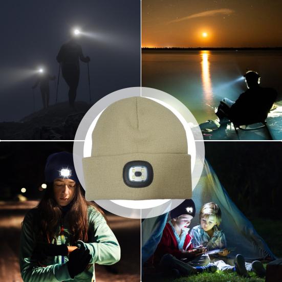 Women Autumn Winter Knitting Hat Solid Color Brimless Hat with LED Light Warm Windproof Elastic Beanie Hat
