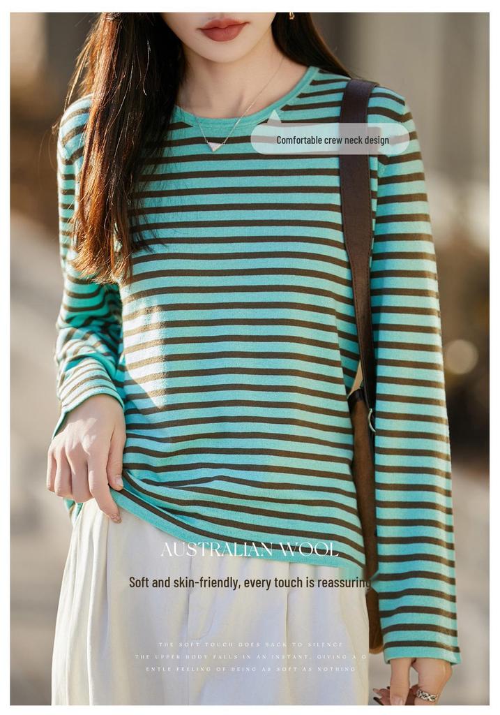 Women's French Retro Stripe Knitwear: Long Sleeve Round Neck Thin Wool Autumn Shirt