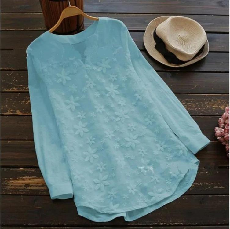 

Elegant White Loose Casual Women Blouse Plus Size Fashion Embroidery Lace Long Sleeve V Neck Tops 3XL синий