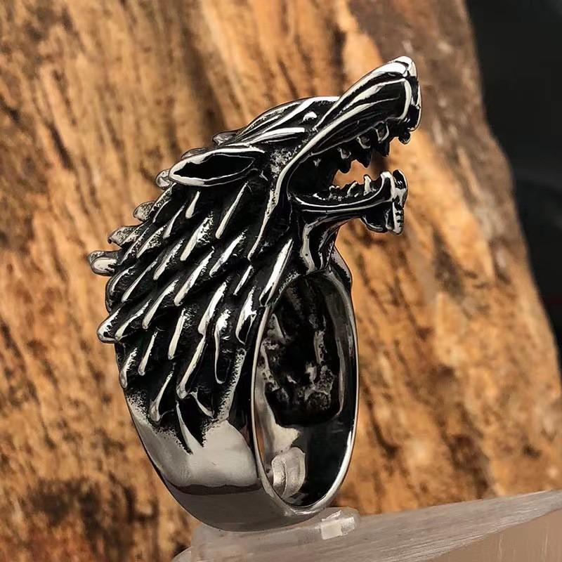 Mens Adjustable Wolf Head Ring In Sterling Punk Vintage Geometric Band Biker Gothic Style