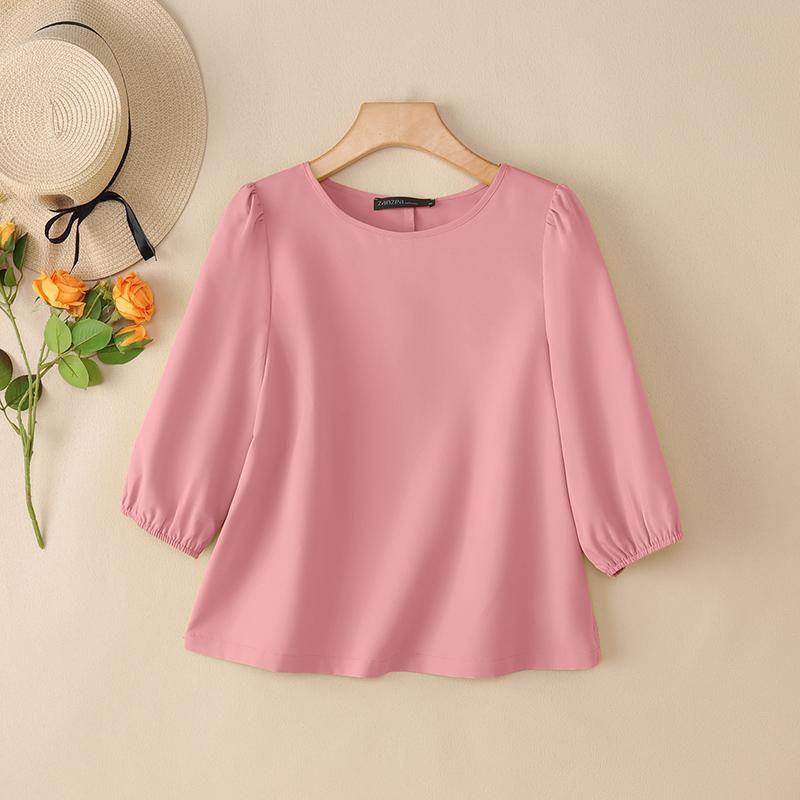 ZANZEA Women Casual Round Neck Loose 3/4 Sleeve Solid Blouse