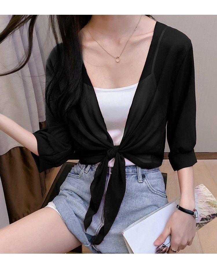 

Small shawl with suspender skirt in summer, thin sunscreen, short solid color chiffon versatile outer cardigan jacket One size fits all чорний