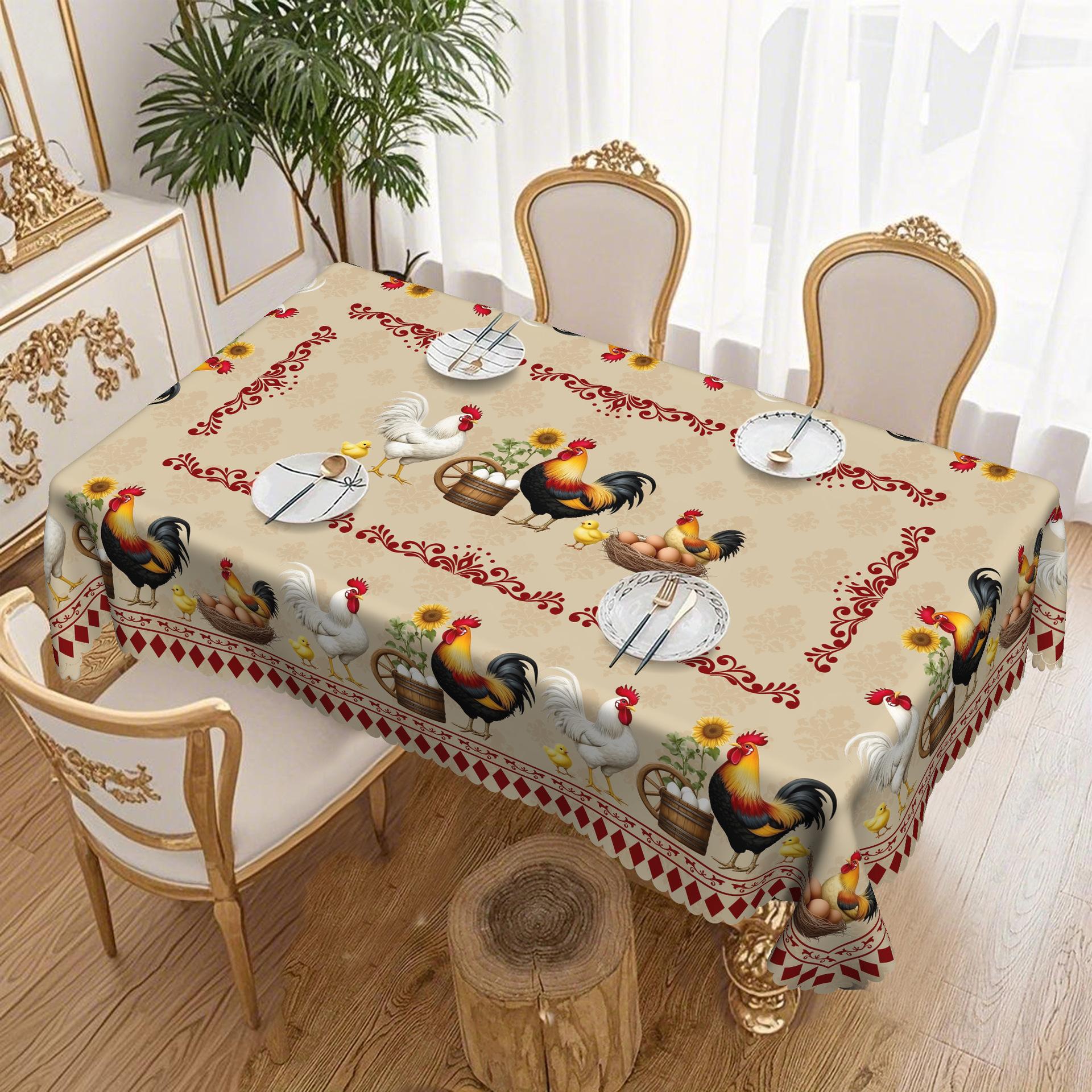 

Pastoral Country Tablecloth, Chicken Print Egg Sunflower Retro Trim, Waterproof Household Dining Table Coffee Table Cloth Round tablecloth-152x152cm