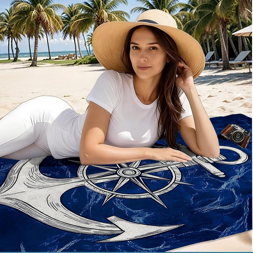 1PC Nautical Anchor Beach Towel, Polyester Quick-Dry Print, Navy Blue Marble & Compass Design, Soft Towel for Beach & Swimming,
