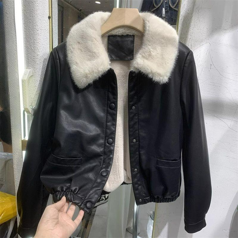 Plus Velvet Leather Jacket Women's Pu Leather Thickened Jacket Autumn and Winter Models Small Big Fur Collar Short Top