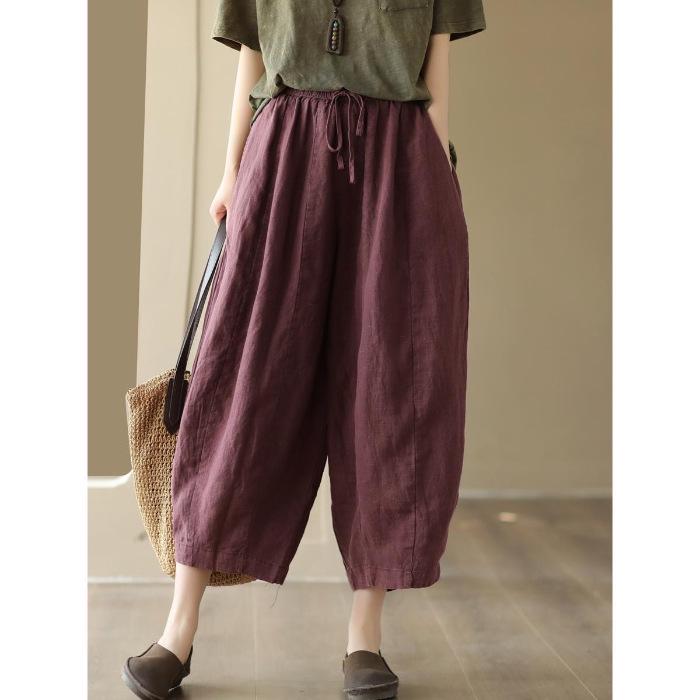Damen Haremshose aus Baumwolle und Leinen mit elastischem Bund - Retro Patchwork, Lockerer Schnitt, Fließender Laternenstil für den Sommer