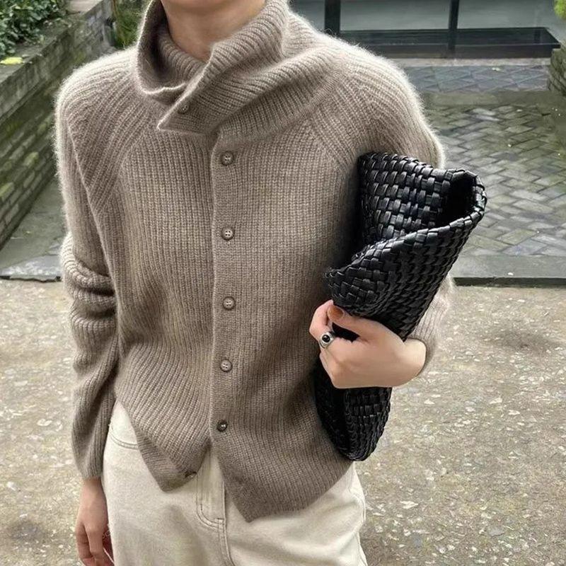 Autumn Winter Turtleneck Cardigan for Women Elegant Long Sleeve Sweaters Fashion Pit Strip Casual Basic Loose Knitted Coats