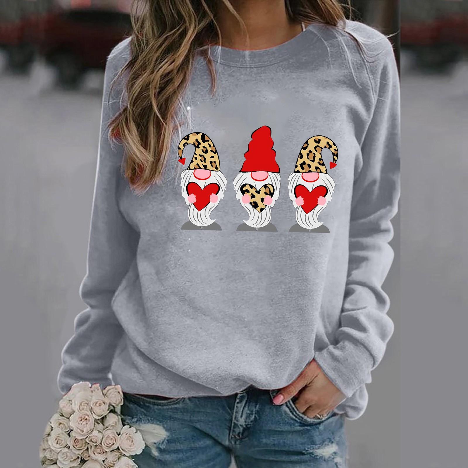 Fashion Womens Loose Valentine s Day Print Round Neck Long Sleeve Sweater Top XL