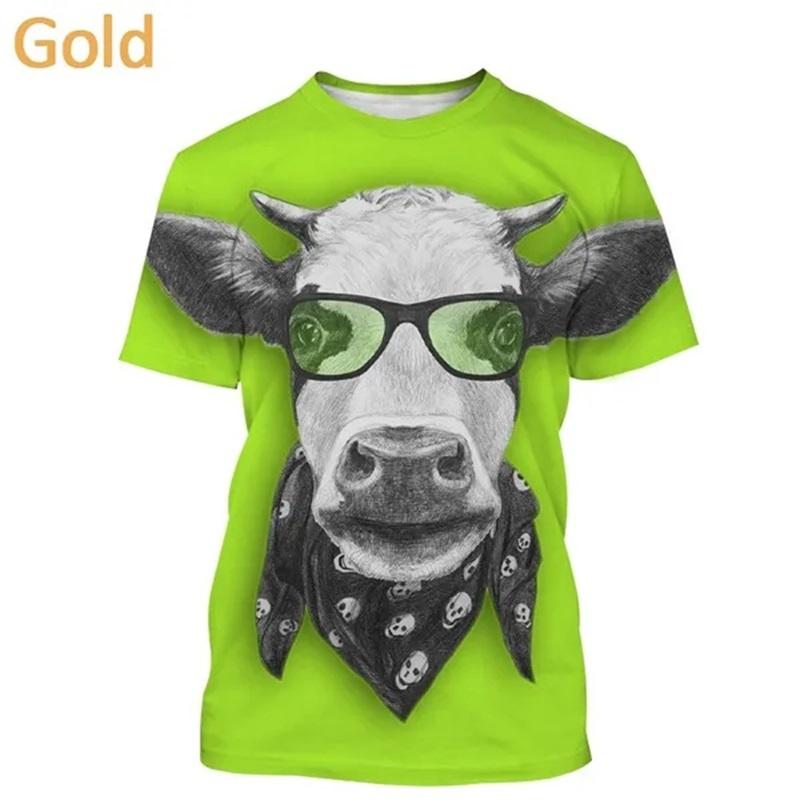 Summer Men's Cow Animal 3D Printed T-shirt with Fun Retro Creative Pattern Short Sleeved Top, Street Trendy and Fashionable Loose Round Neck Pullover