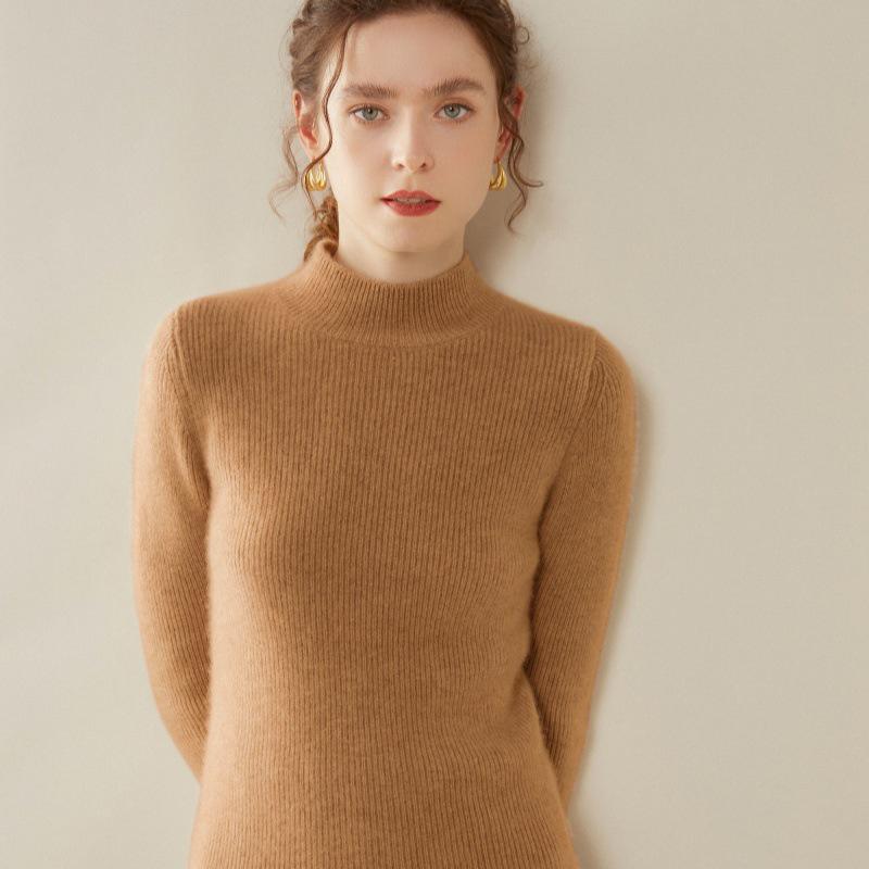 Women's Double-Strand Thickened Cashmere Sweater - Half-High Collar, Loose Fit, Autumn/Winter Pullover Knit Base Layer.