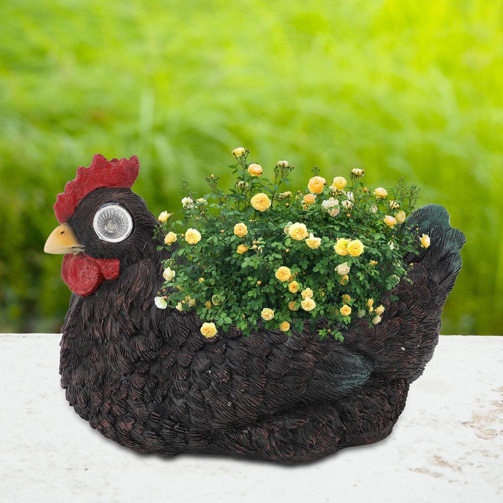 Flower Pot Hen Shape Resin   Pot with Auto Light Sensing Solar Light for Outdoor Garden
