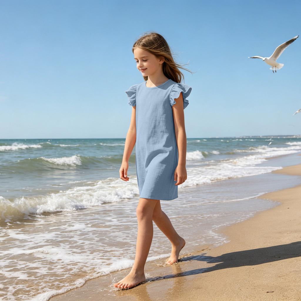 Girls Ruffle Sleeve Casual Dress Crew Neck Soft Fabric Comfortable Fit Simple Design for Everyday Wear