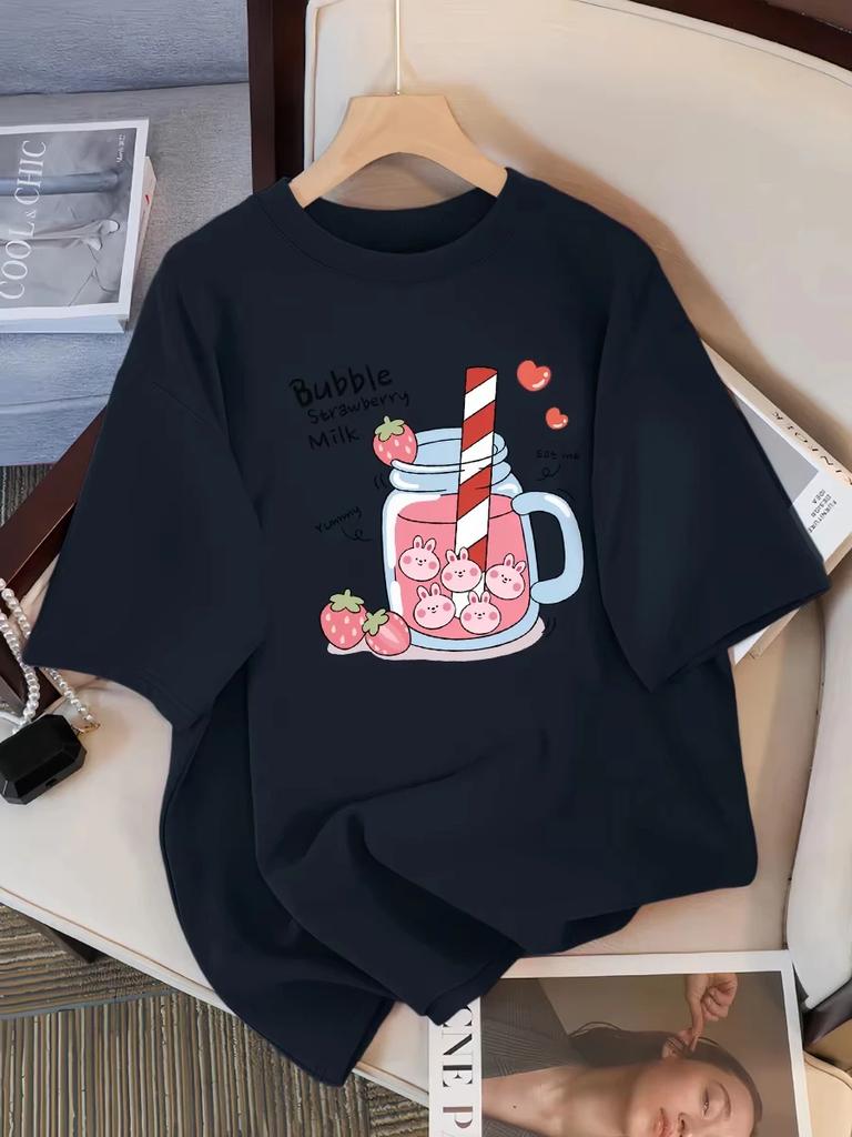 2025 Delicious Strawberry Beverage Print Women T Shirt Summer Breathable Tee Cotton Street Clothing Casual Sport Cool Short