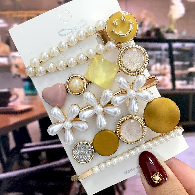 5Pcs/Set Fashion Smiley Pearl Hair Clip For Women Girl Geometric Acetate Barrettes Hairpin Headwear Hair Accessories  Trendy