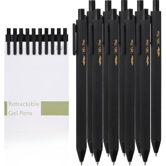 Mr. Pen- Retractable Gel Pens, 10 Pack, Black Ink Gel Pens, Black Barrels, Fast Dry, Fine Point 0.5mm