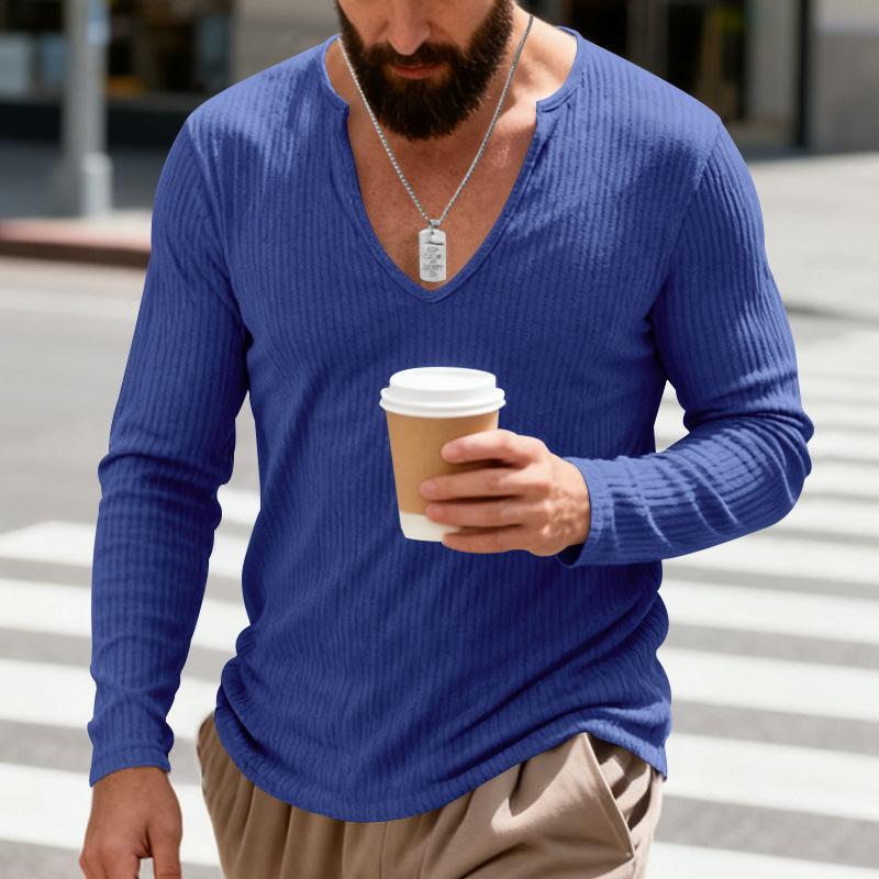 

Men s V Neck Ribbed Knit Long Sleeve T-shirt Casual Slim Fit Solid Color Basic Tee Tops S темно-синього кольору