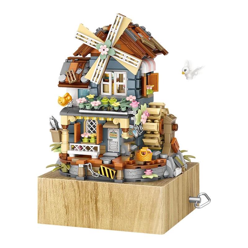 Windmill House Music Box Building Blocks for Kids or Adults Sound Diamond Blocks Flowers Toy Villa Assembly Toy Gift 1239
