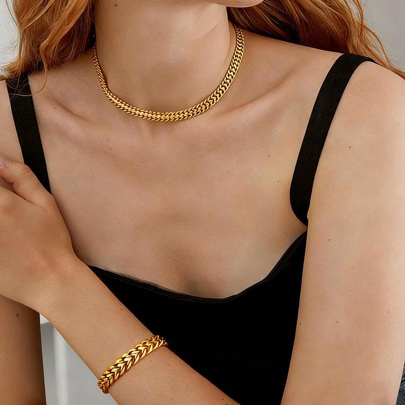Chunky chain titanium steel necklace and bracelet set - trendy influencer style accessories