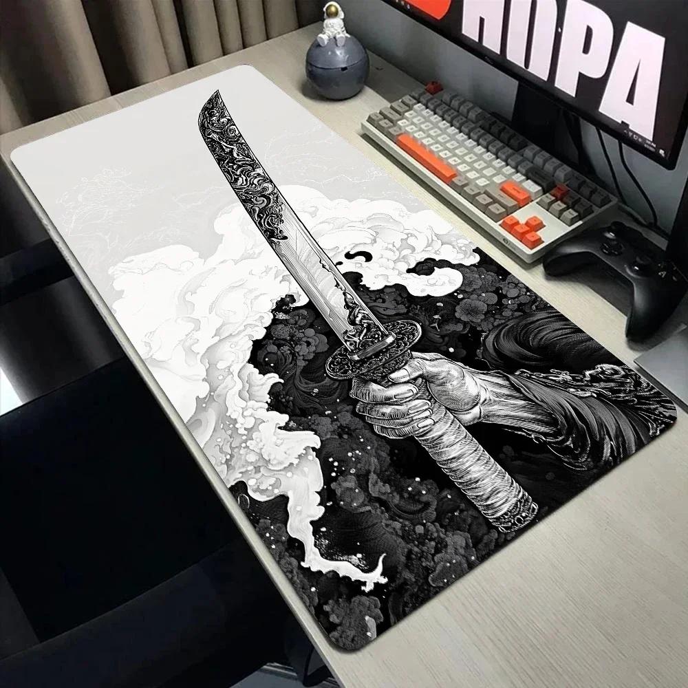 Mouse pad black Japanese samurai sword desk pad XXL Large Office Computer Mousepad Pc Accessories Rubber Keyboard Desk Mat 90x40