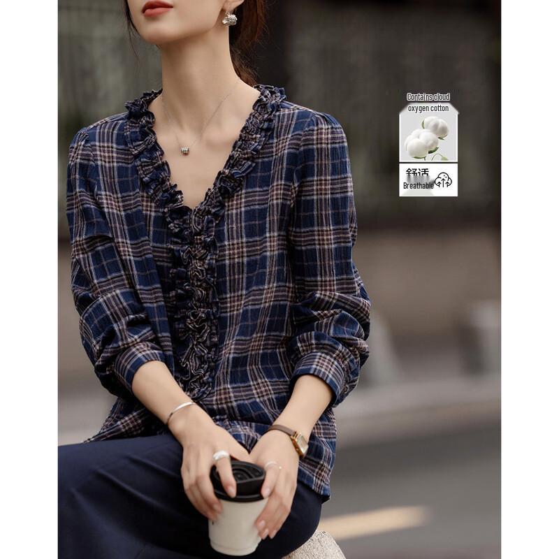 Women s Artistic Plaid V-Neck Ruffle Long Sleeve Shirt XL