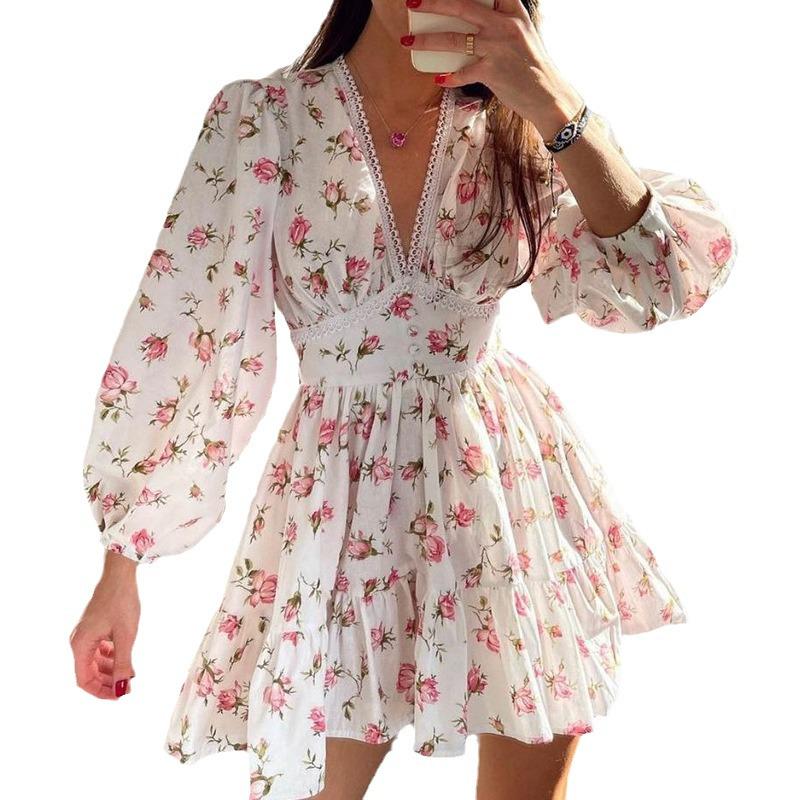 Elegant Sweet Floral V-neck Lace Short Dress - European & American Spring 2026 Collection