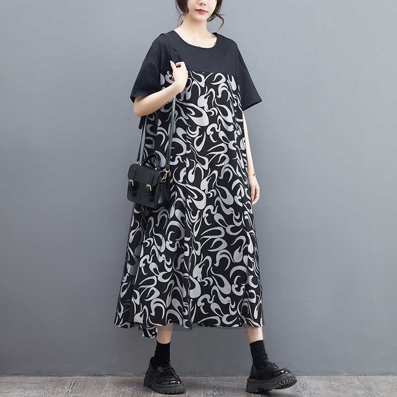 

Свободное платье большого размера в стиле пэчворк из сетки с художественным принтом, с широкими рукавами и плиссировкой, стройнящее one size