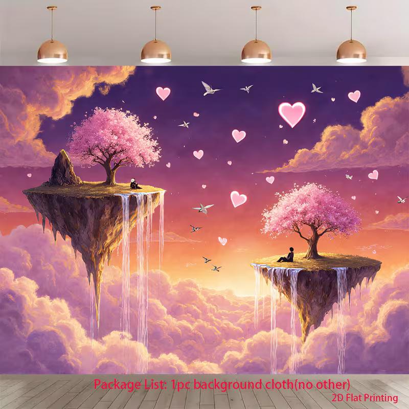 2D Romantic Cherry Blossom Island Backdrop, Sunset Clouds Wall Decor 47.2x31.5inch/120*80cm