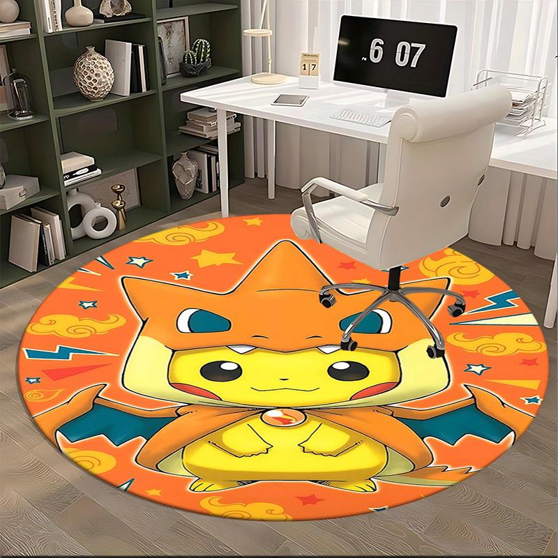 1ks Koberec s kulatým designem Pikachu & Charmander Pokémon Anime - Podložka pod kancelářskou židli, Protiskluzový koberec pro domácí dekoraci, Obývací pokoj, Ložnice, Herní místnost