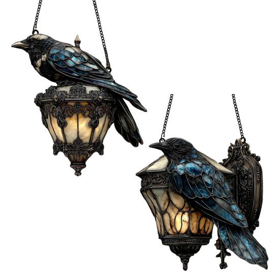 Raven On Lantern Suncatcher Decoration Indoor Outdoor Gothic Halloween Crow