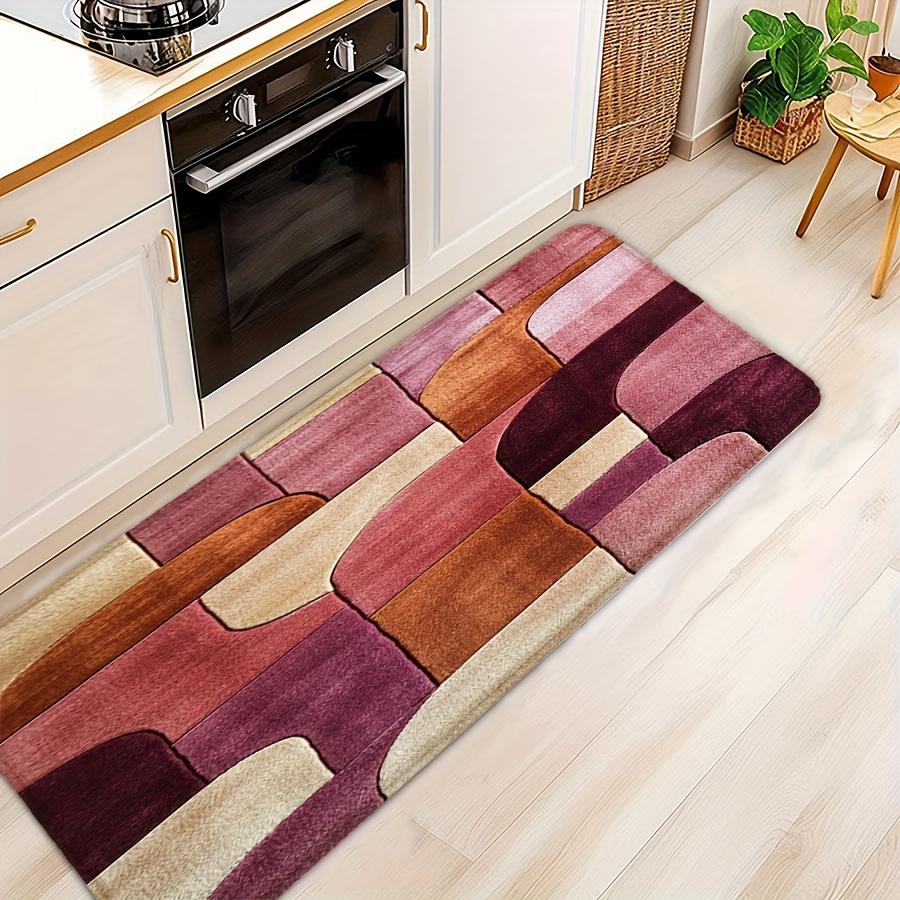 Covoraș de baie geometric roz-maro - Covor moale din flanelă antiderapant pentru bucătărie, duș, cadă, decor modern pentru casă, living, dormitor, birou