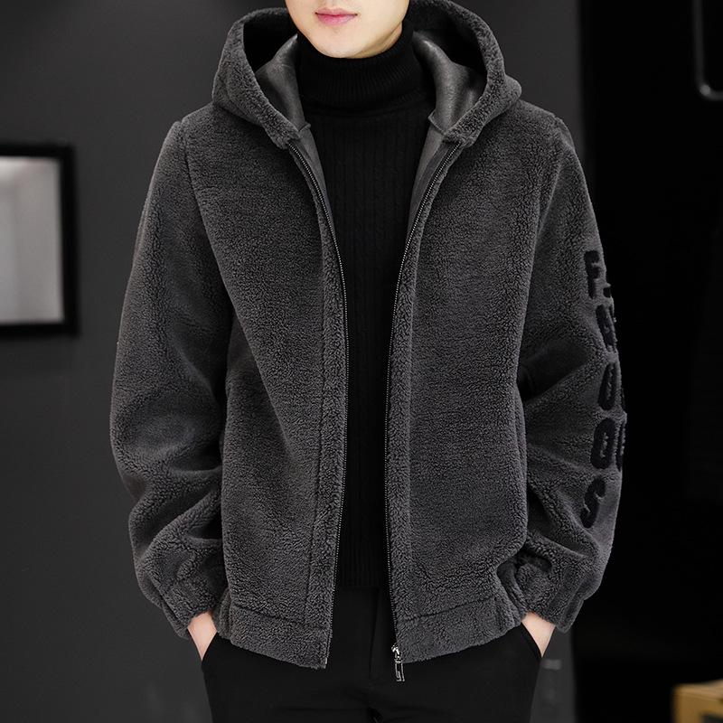 Men's Lambswool Hooded Wool Jacket with Fleece Lining and Embroidered Design