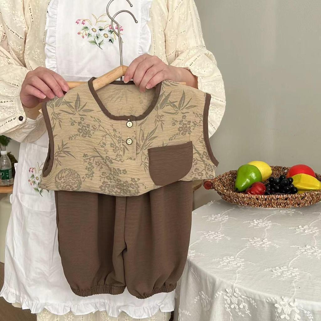 Letni komplet bez rękawów z jedwabiu lodowego w stylu retro w stylu chińskim dla dzieci – modna kamizelka dla chłopców i dziewcząt