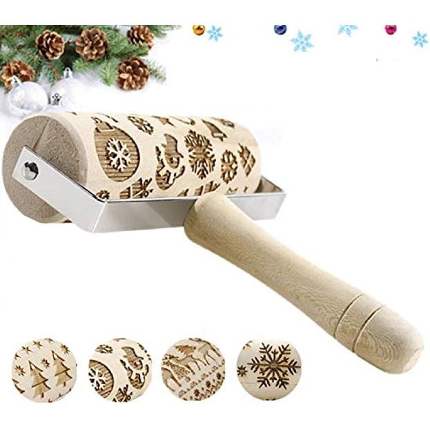 3D Wooden Christmas Embossed Pattern Rolling Pin, Laser Engraved Pastry Pizza Baking Roller Pin for Christmas Cookies Baking Non Stick(Christmas