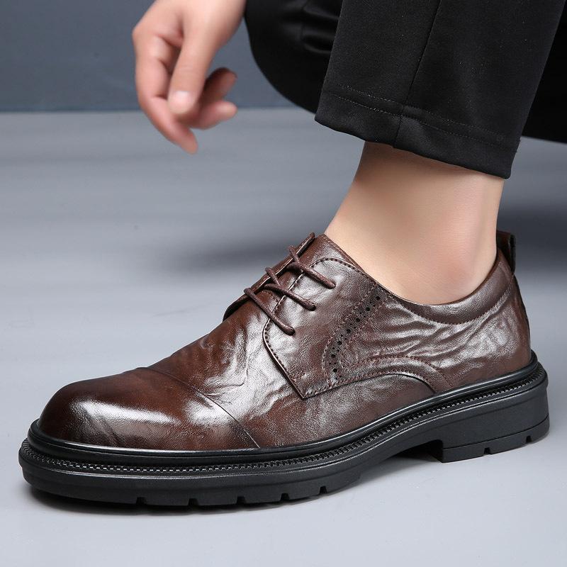 Men's Business Dress Leather Shoes British Round Head Derby Shoes Leather Casual Lace-up Men's Shoes Breathable Groom Wedding Shoes Men